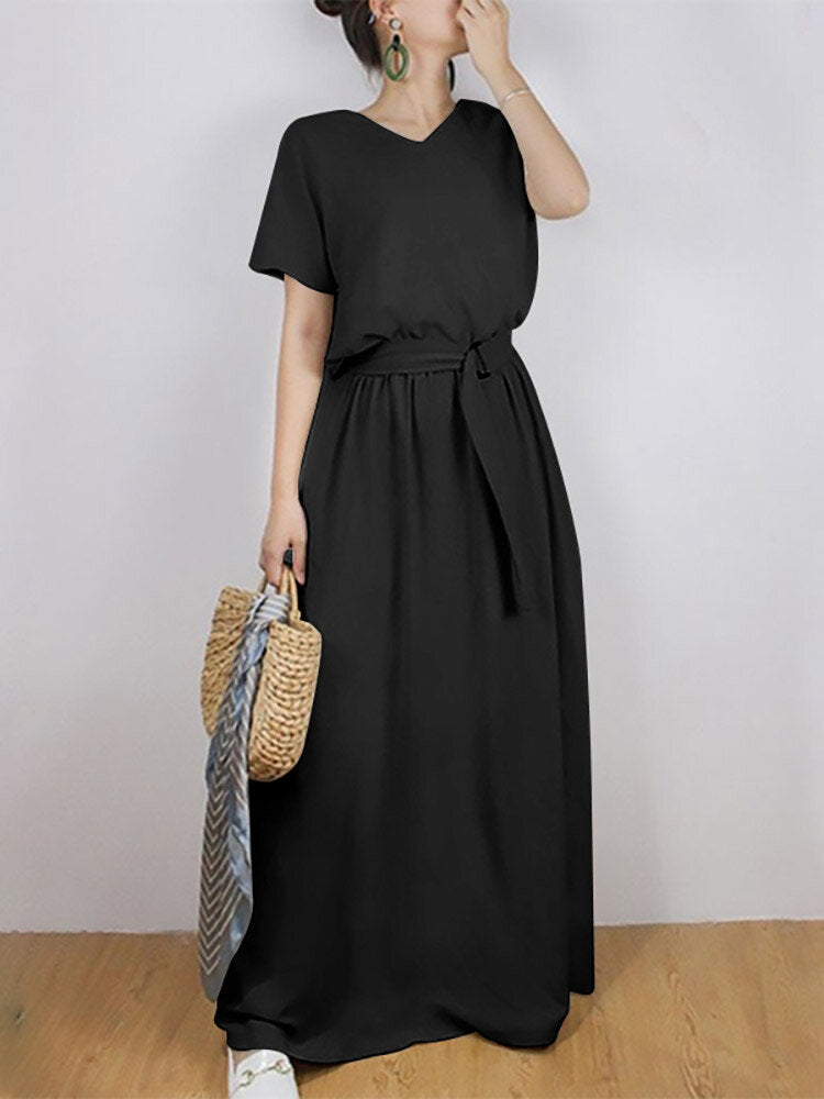 Solid Sash Elastic Waist Short Sleeve Casual Maxi Dress