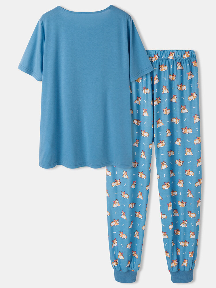 Women Cartoon Dog Print Short Sleeve Cute Cuffed Pants Pajamas Sets
