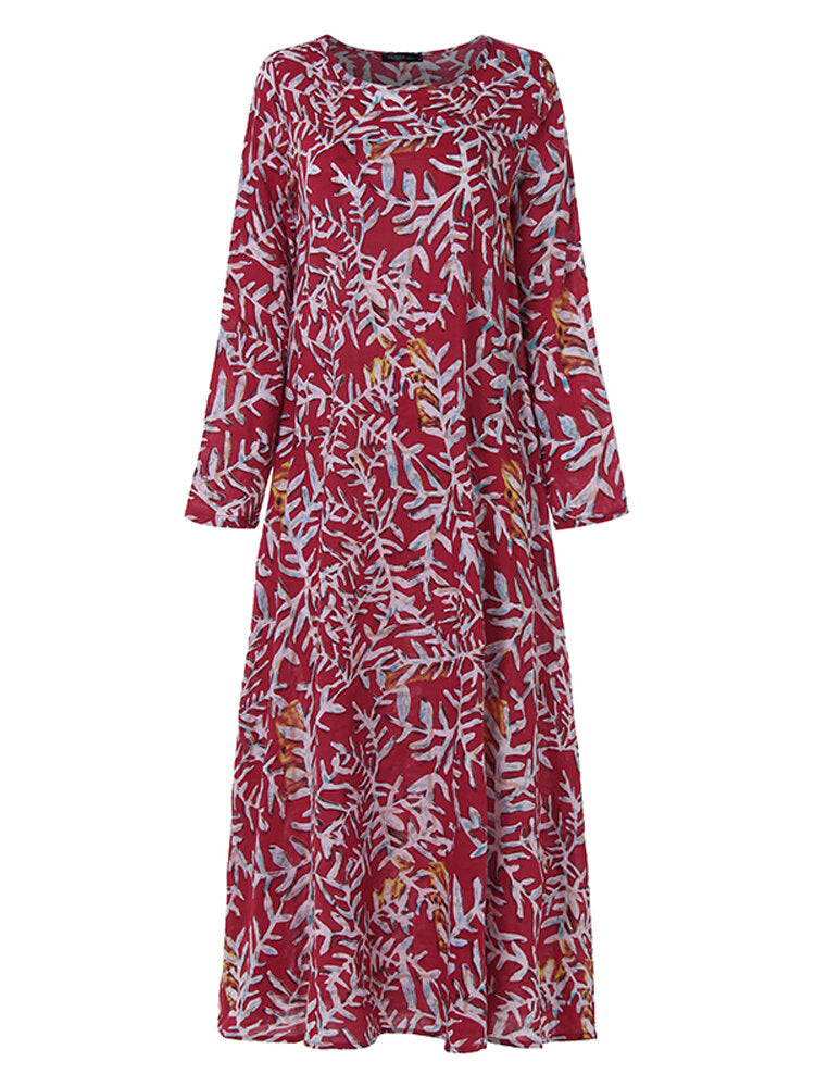 Women Vintage Long Sleeve Crew Neck Floral Print Maxi Dress