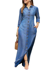 Women's Jean Solid Button Long Sleeve Solid Ankle-Length Dress