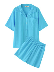 Women Solid Color Short Sleeve Revere Collar Comfy Casual Two Piece Pajama Set