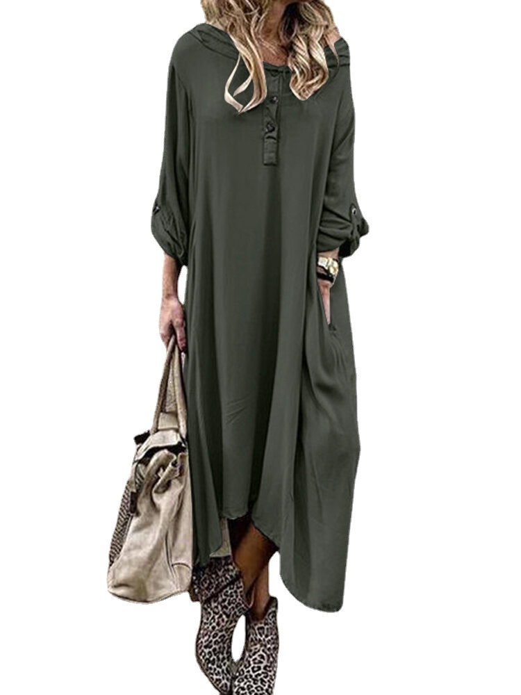 Long Sleeve Button Solid Side Pocket Casual Maxi Dress For Women