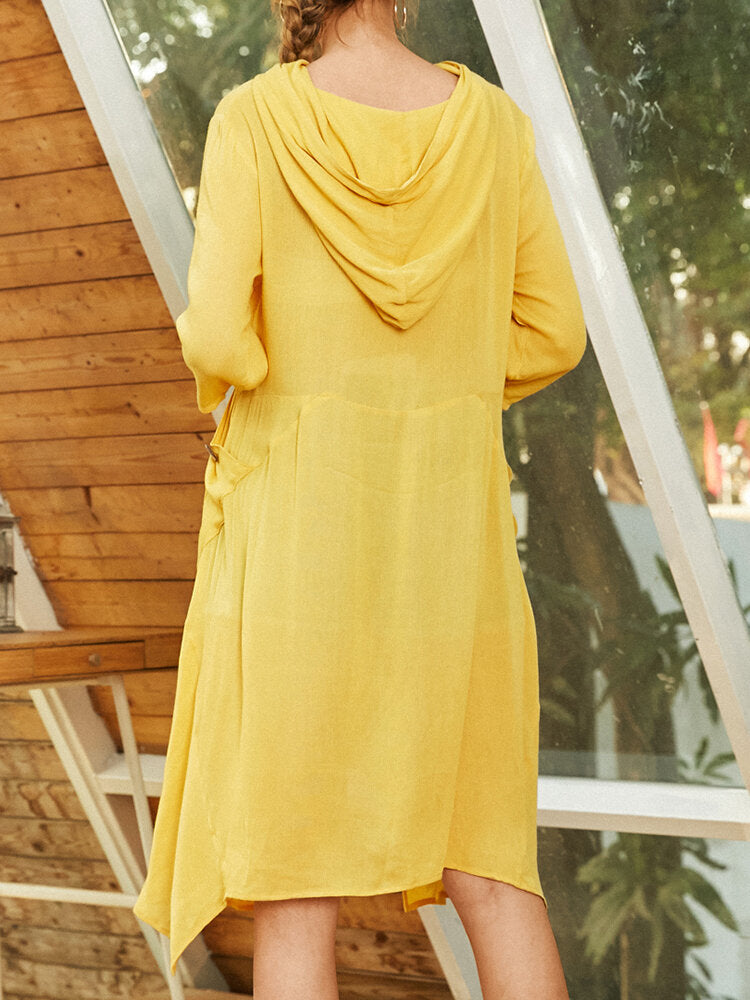 Women Solid Color Irregular Hem Loose Casual Hooded Midi Dress With Pocket
