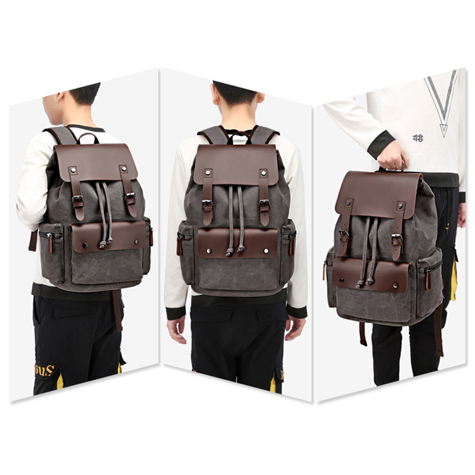 Men Washed Canvas Casual Backpack Large Capacity Drawstring Cover Backpack Laptop Bag