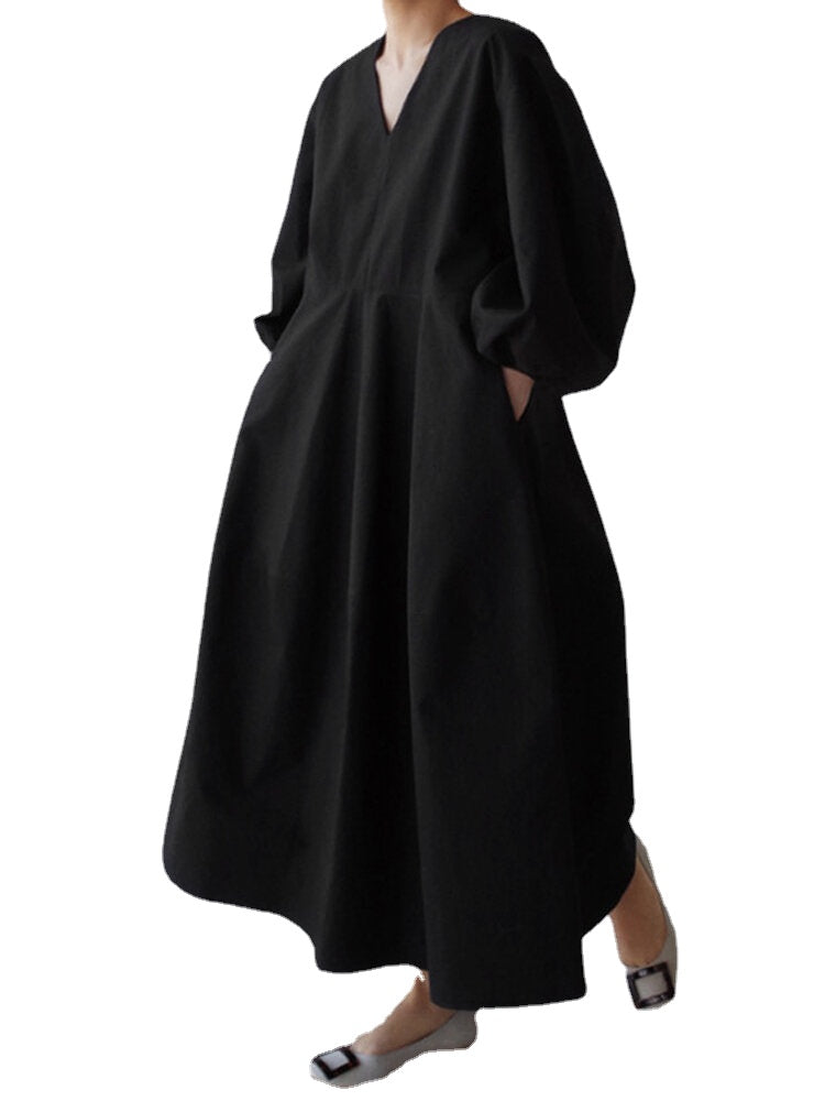 Women Solid V-neck Puff Sleeve Loose Plain Casual Maxi Dress With Pocket