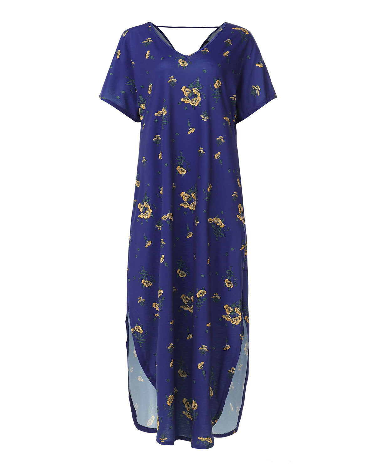 Women Summer Floral Print V Neck Short Sleeves Casual Loose Long Maxi Dress