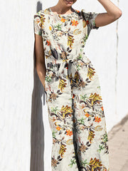 Plant Print Pocket Sash Round Neck Short Sleeve Cotton Jumpsuit