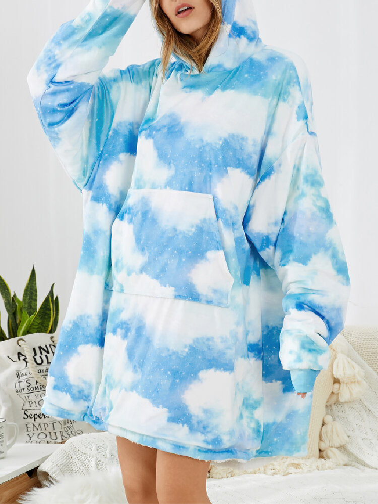 Women Sky Landscape Print Pouch Pocket Reversible Blanket Hoodie Warm Thicken Oversized Homewear