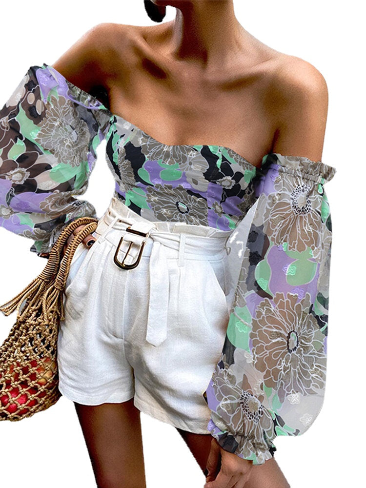 Women Off Shoulder Plants Print Lantern Sleeve Back Zipper Holiday Casual Stylish Blouse