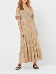 Women Floral Print Puff Sleeve Square Neck Holiday Maxi Dress