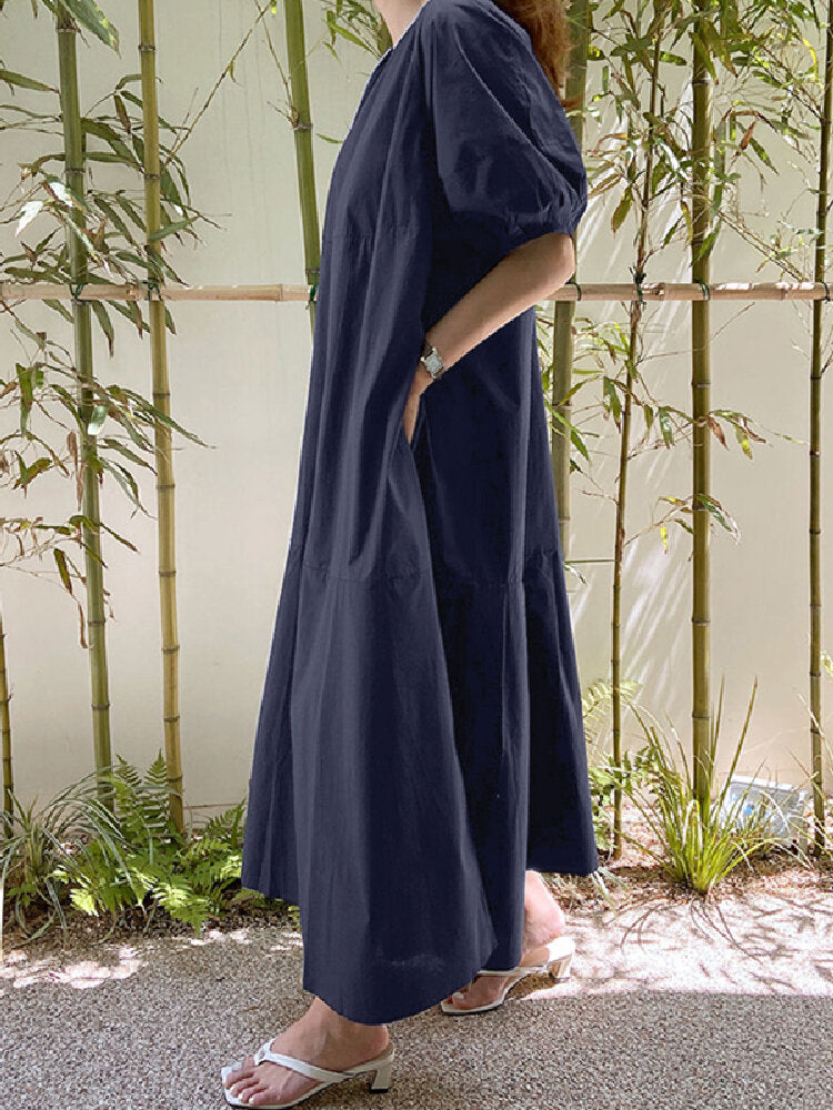 Solid Color O-neck Puff Sleeve Plain Casual Side Pocket Holiday Maxi Dress