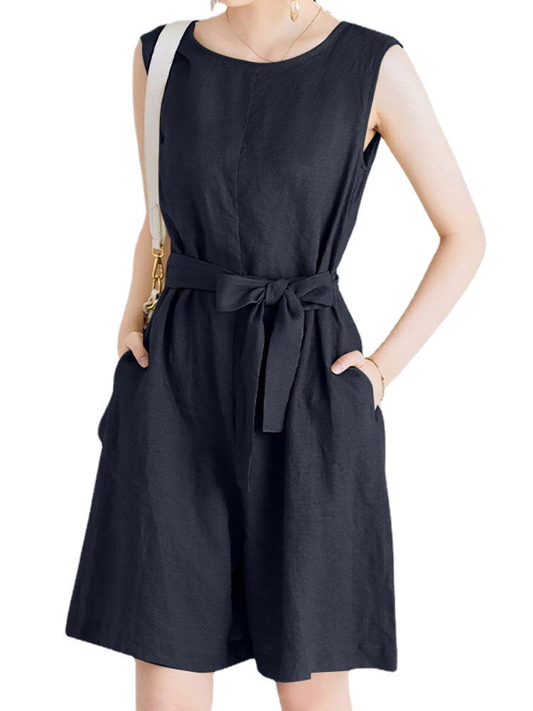 Cotton Solid Sash Pocket Sleeveless Round Neck Zip Casual Romper