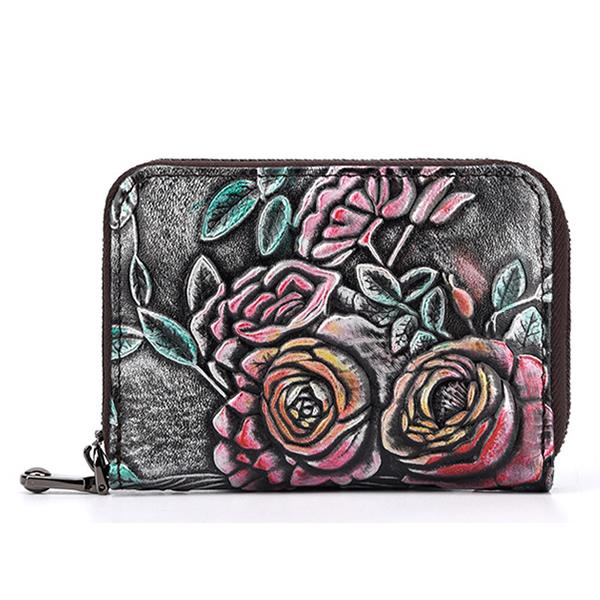 Women Vintage Casual Floral Genuine Leather Card Holder Coin Purse Wallet