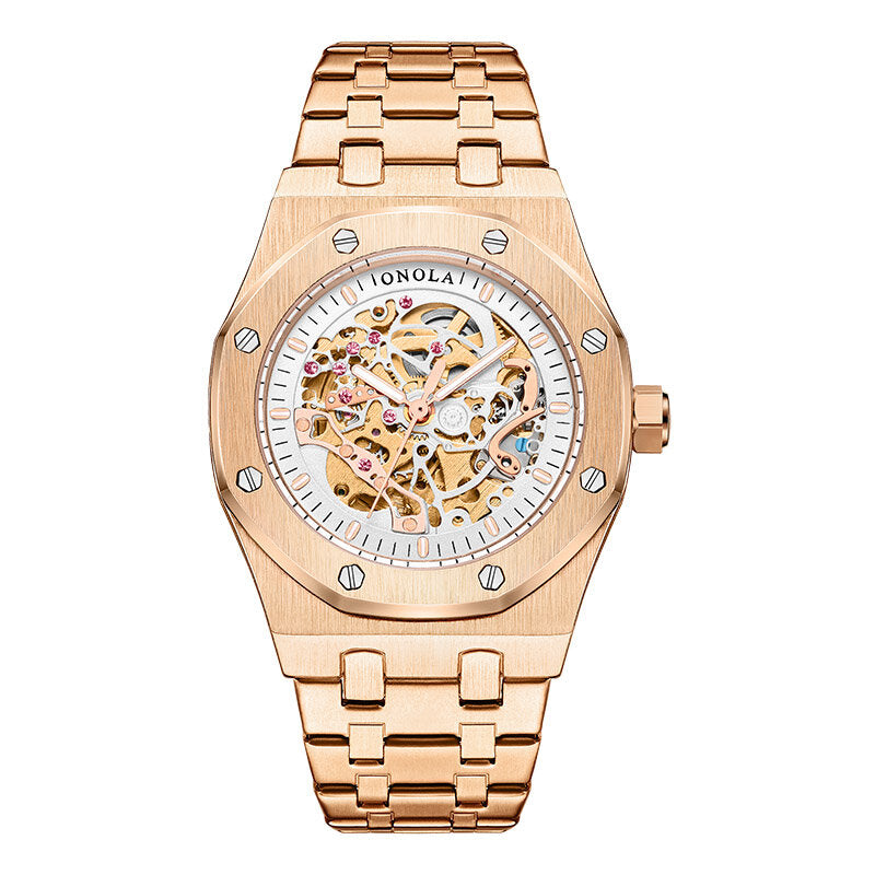 Fashion Men Automatic Watch Hollow Dial Stainless Steel Strap Waterproof Business Mechanical Watch