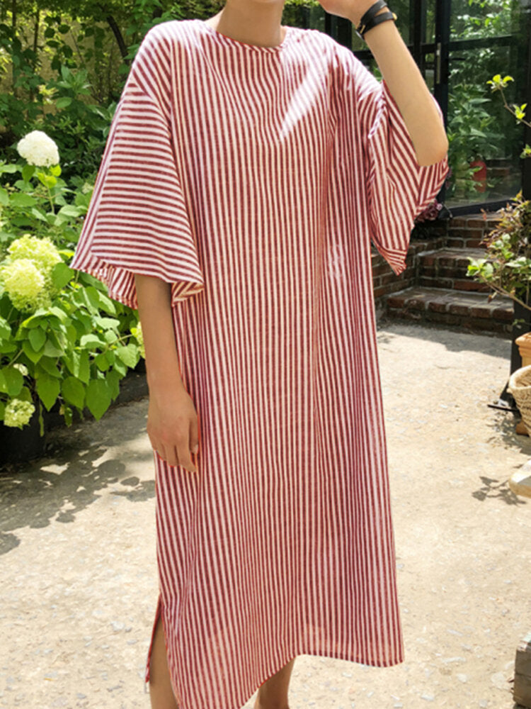 Side Fork Puff Sleeve Striped Loose Dress For Women