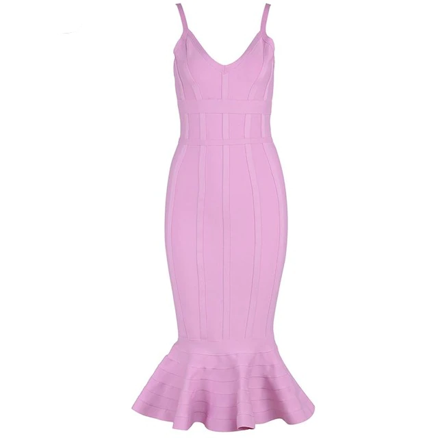 Bandage Pink Spaghetti Strap Mermaid Vestidos Midi Dress - Sheseelady