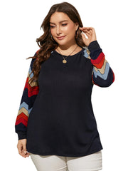 Plus Size Round Neck Wave Patchwork Design Long Sleeves Tee
