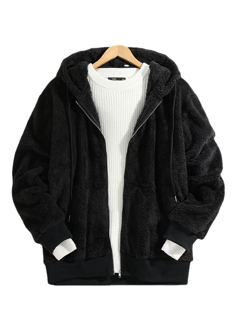 Mens Black Plush Warm Long Sleeve Pocket Teddy Hooded Jacket