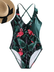 Women Tropical Leaves Flamingo Print Ruffles Hawaii Holiday One Piece Patchwork Swimwear