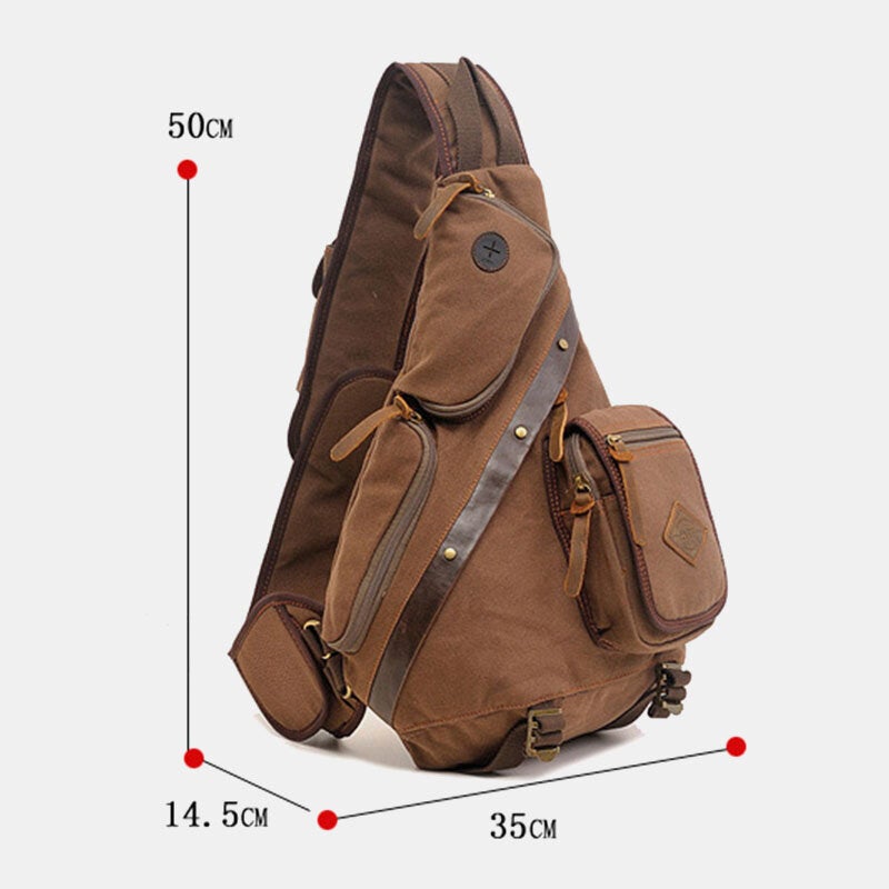 Men Genuine Leather And Canvas Travel Outdoor Carrying Bag Multi-pocket Crossbody Chest