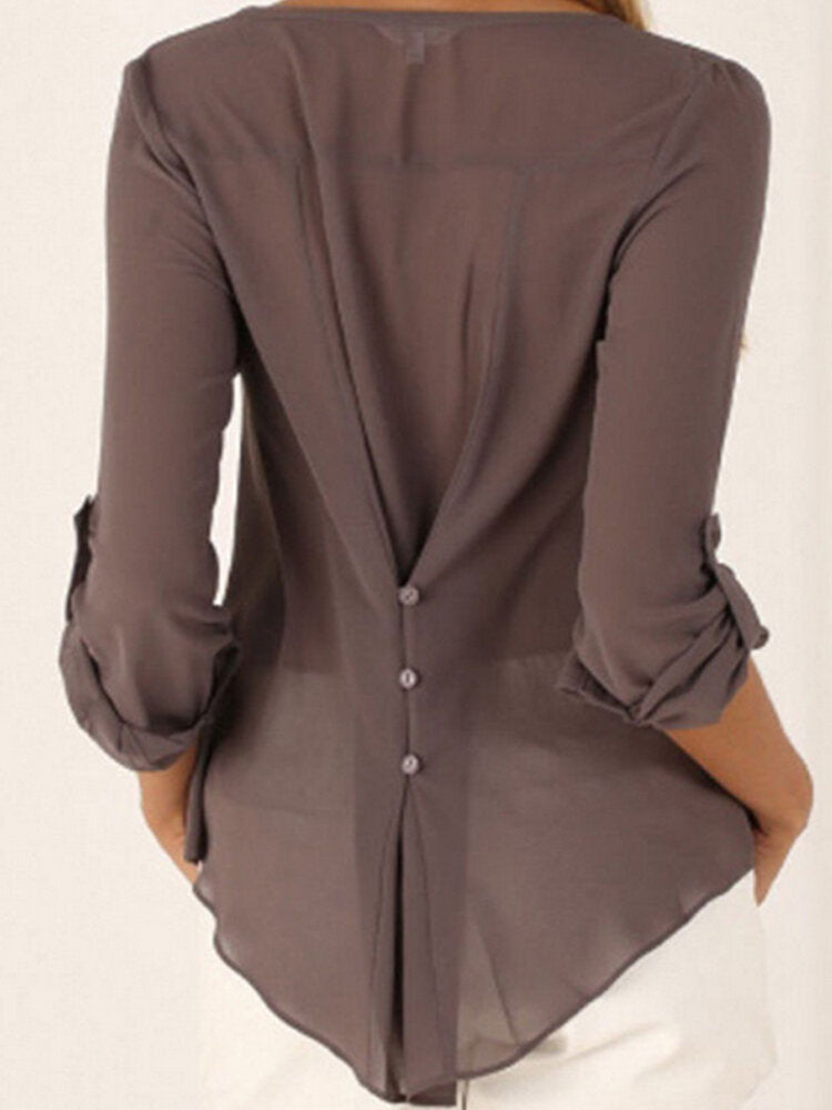 Chiffon Buttons V-Neck Irregular Hem Adjustable Sleeves Solid Causal Blouse