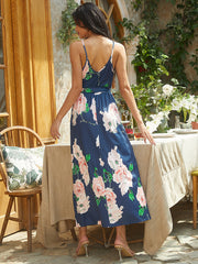 Bohemian Floral Print High Waist V-neck Pleated Maxi Dress