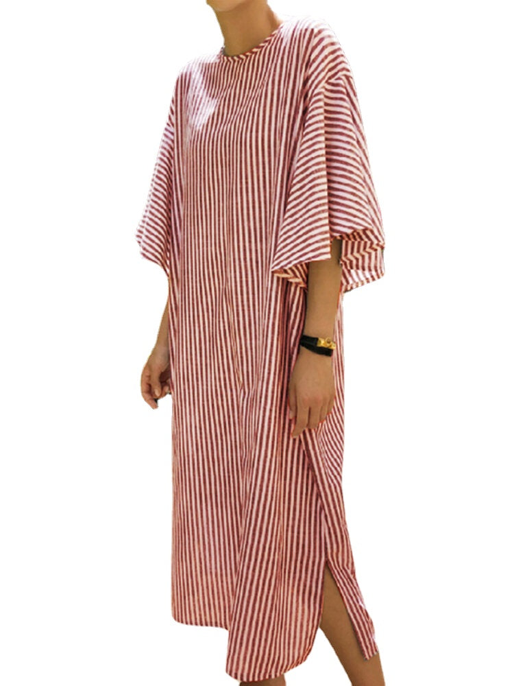 Side Fork Puff Sleeve Striped Loose Dress For Women