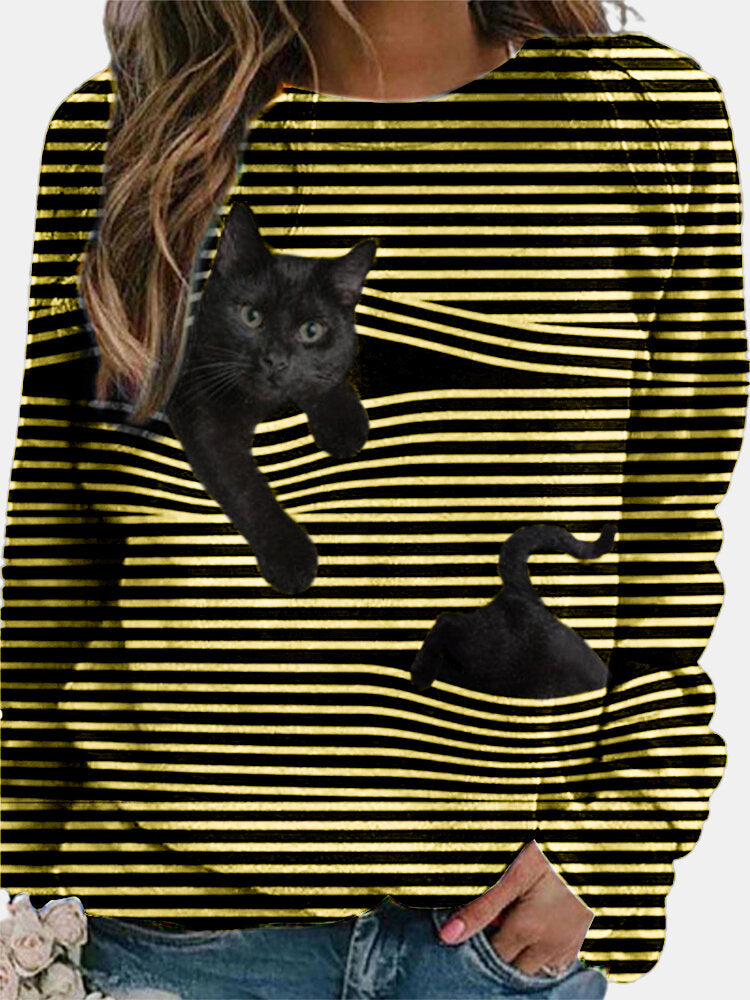 Women 3D Black Cat Print Long Sleeve Striped Casual Blouse