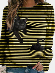 Women 3D Black Cat Print Long Sleeve Striped Casual Blouse