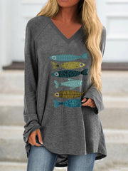 Fish Graphic Long Sleeve V-neck Casual Loose T-shirt