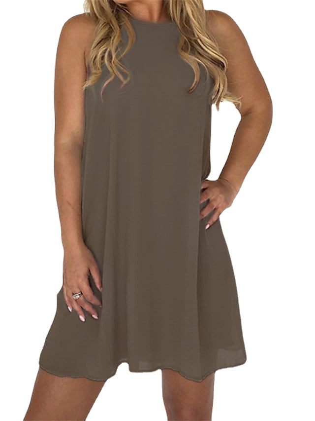Women's Sleeveless Pure Color Mesh Crew Neck Simple Dress