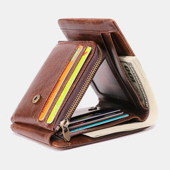 Men Genuine Leather Vinatge RFID Blocking Anti-Theft Wallet Card Holder Zipper Coin Bag