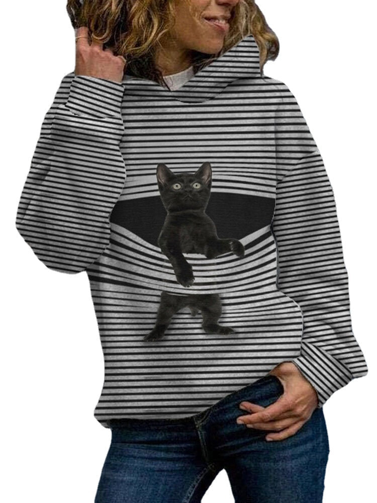 Black Cat Print Long Sleeve Casual Striped Hoodies For Women