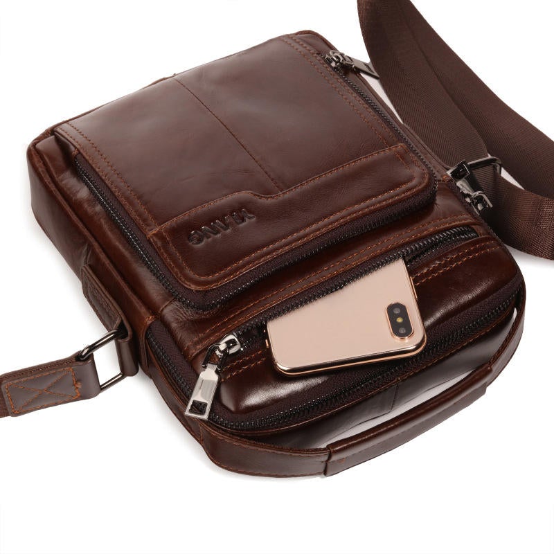 Men Genuine Leather Business Multi-pocket Shoulder Bag Phone