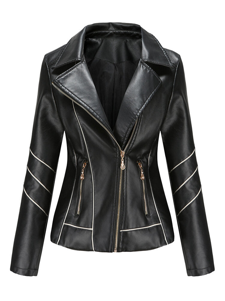 Women Solid Color Faux PU Leather Motorcycle Jacket With Pocket