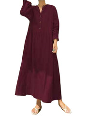 Women Solid Color Half Open Button Long Sleeve Simple Maxi Dresses