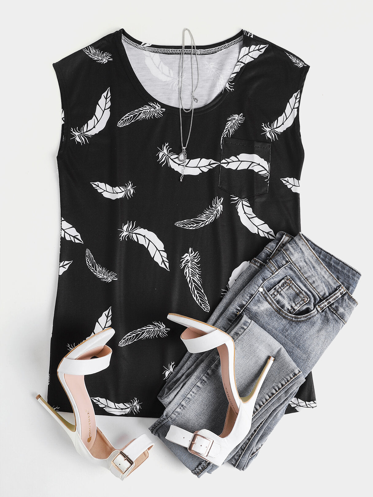 Feather Print Round Neck Sleeveless Loose Women Casual Tank Top