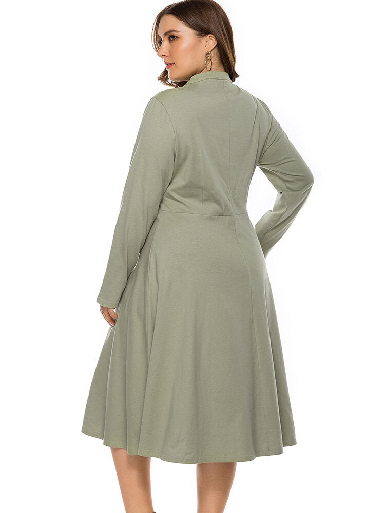 Plus Size Spring Casual Bandage Long Sleeve Causal Midi Dress