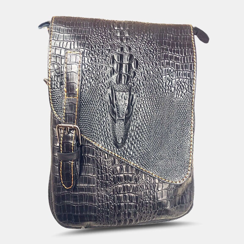 Men Genuine Leather Wear-Resistant Crocodile Texture Casual Crossbody Bag Shoulder