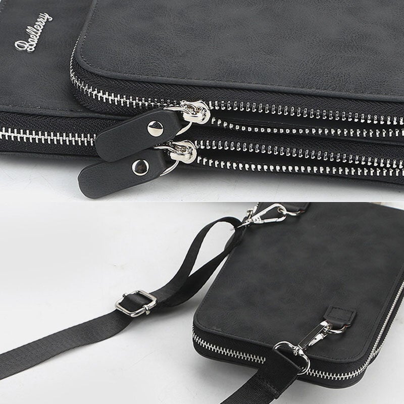 Men Faux Leather Multifunction Vertical Large Capacity Double Zipper 6.3 Inch Phone Bag Crossbody Bag Wallet