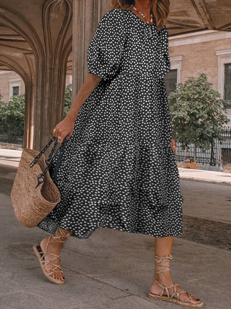 Casual Loose Floral Print O-neck Puff Sleeve Pleated A-line Maxi Dress