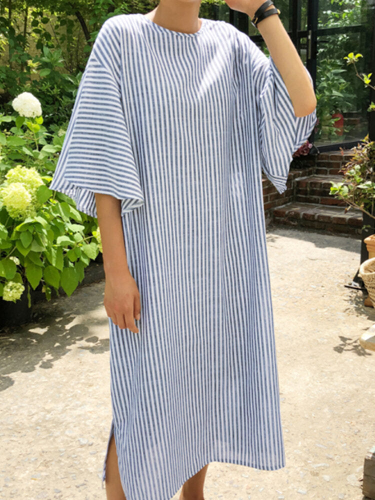 Side Fork Puff Sleeve Striped Loose Dress For Women