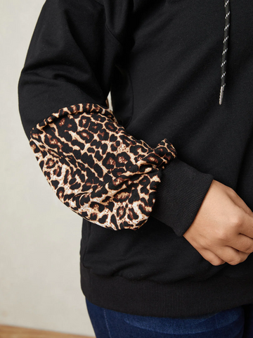 Plus Size Leopard Drawstring Zip Front Patchwork Hoodie
