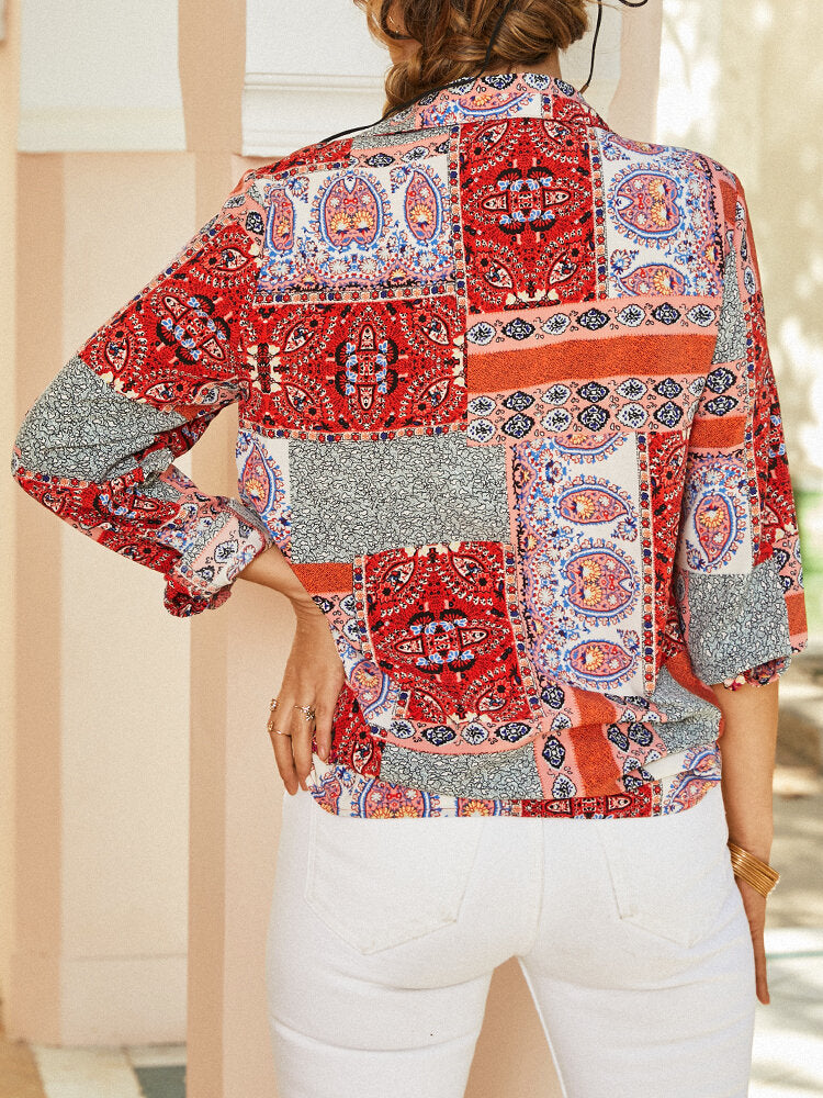 Women Ethnic Pattern Print Vintage Button Lapel Long Sleeve Shirt