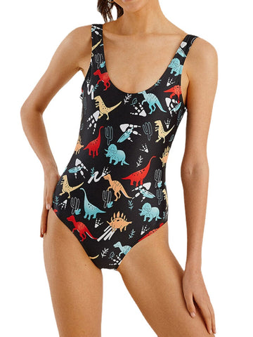 Women Cartoon Dinosaur Print Open Back One Piece Beach Swimwear