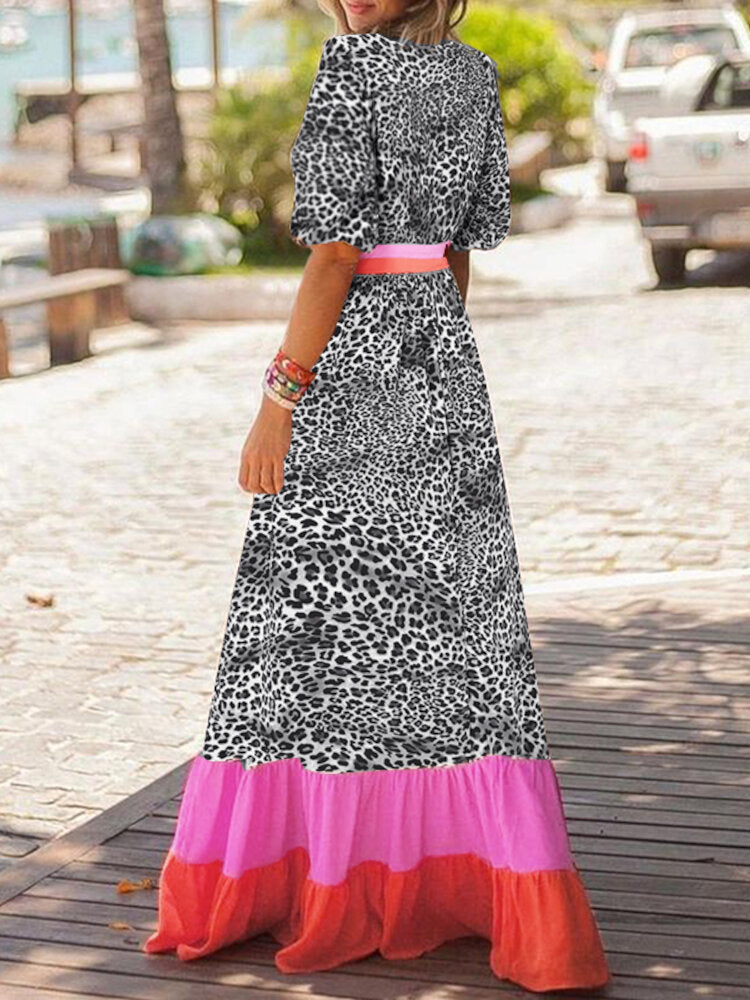 Splicing Casual Raglan Sleeve Leopard Loose Maxi Dress For Women