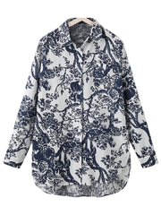 Women Floral Print Lapel Collar High Low Split Hem Long Sleeve Casual Shirts