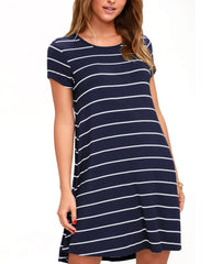 Striped O-neck Short Sleeve Casual Summer Mini Shirt Dress