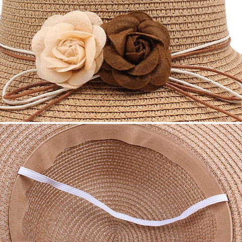 Women Folding Woven Wide Brimmed Bucket Hat Outdoor Bandage Beach Dress Visor With Bowknot