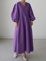 Women Solid V-neck Puff Sleeve Loose Plain Casual Maxi Dress With Pocket